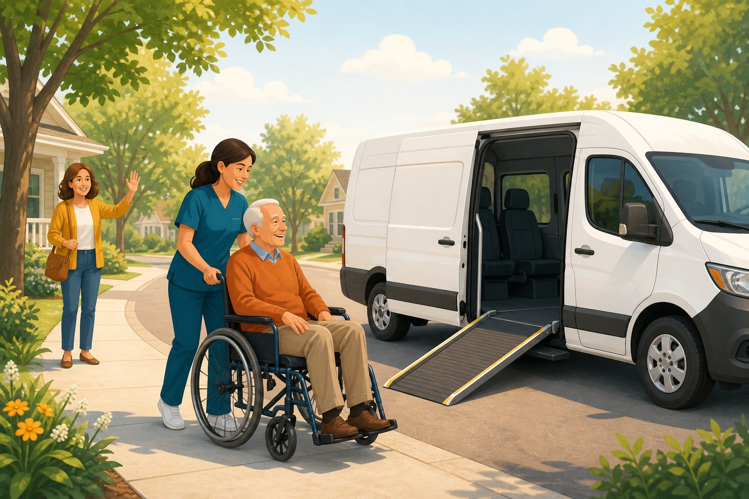 Friendly medical transport van picking up a patient
